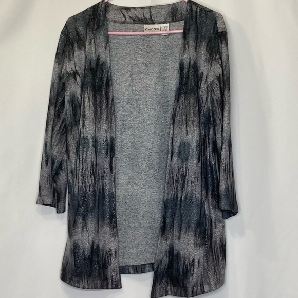 Chicos size 1 (M 8) cardigan open front silver Metallic fabric marbled black EUC - Picture 1 of 6